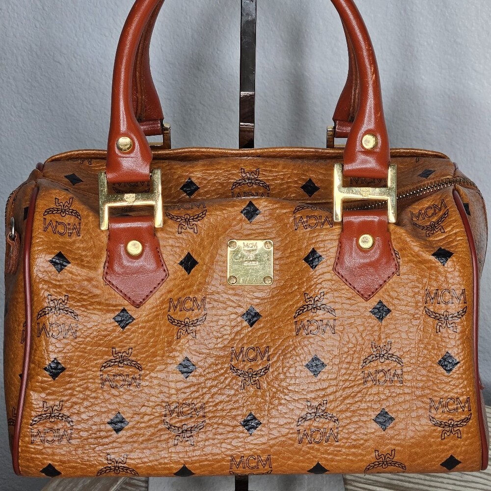 MCM Logo Printed Leather Boston Bag Small